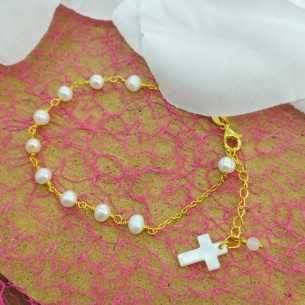 Liska Pulsera Cruz Nácar Perlas Dorada