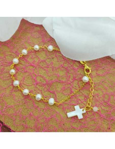 Liska Pulsera Cruz Nácar Perlas Dorada
