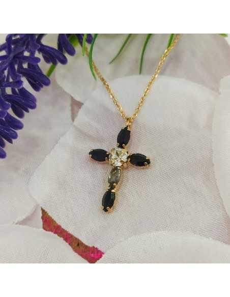 Liska Colgante Cruz Oro Rosa Cristales Negros