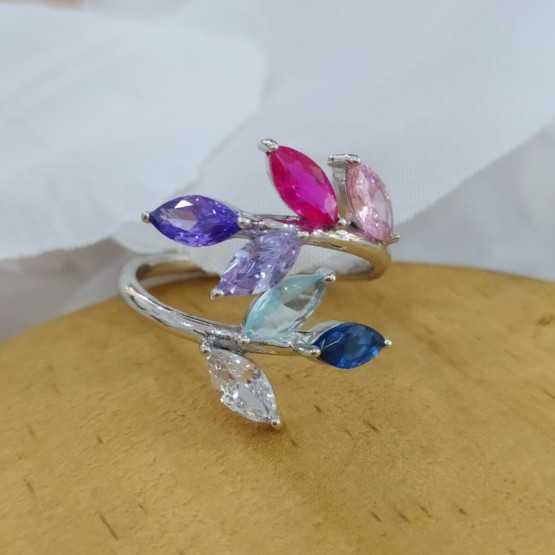 Lotus Silver Anillo Hojas Multicolor